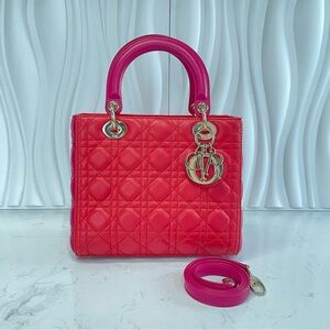 Dior Lady Dior Medium Cannage Red Pink Quilted Leather Bag